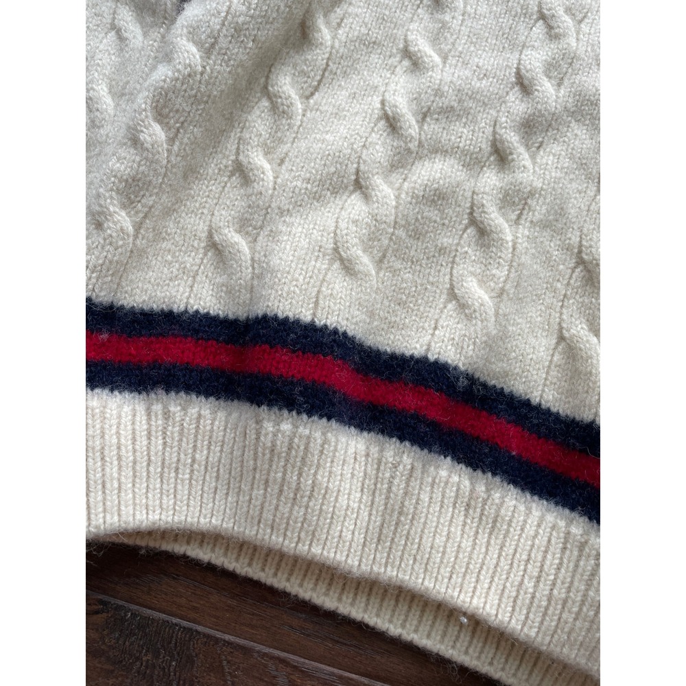 Brandy Melville Cream Cable Knit Varsity V-Neck Sweater Red Navy Stripe - Picture 3 of 5